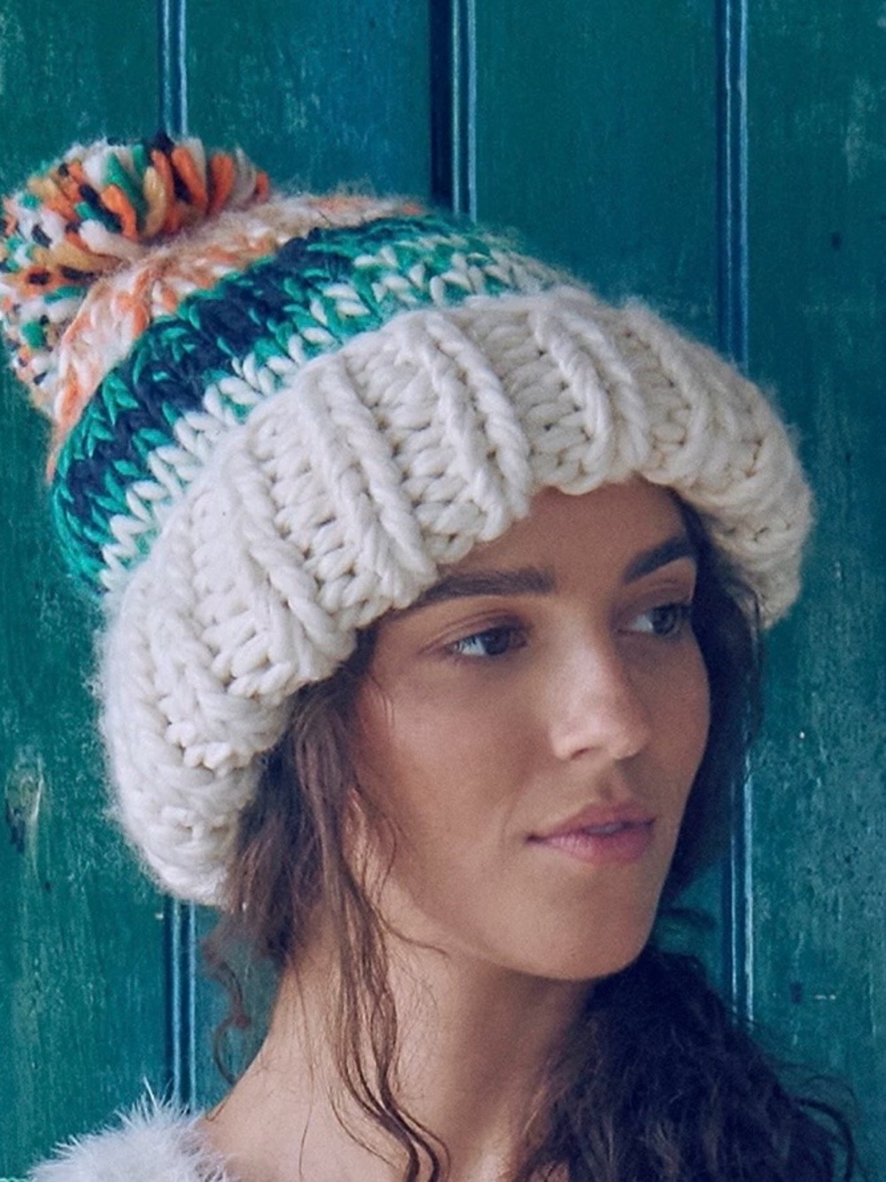 Free People Tide Stripe Knit Pom Beanie Ivory